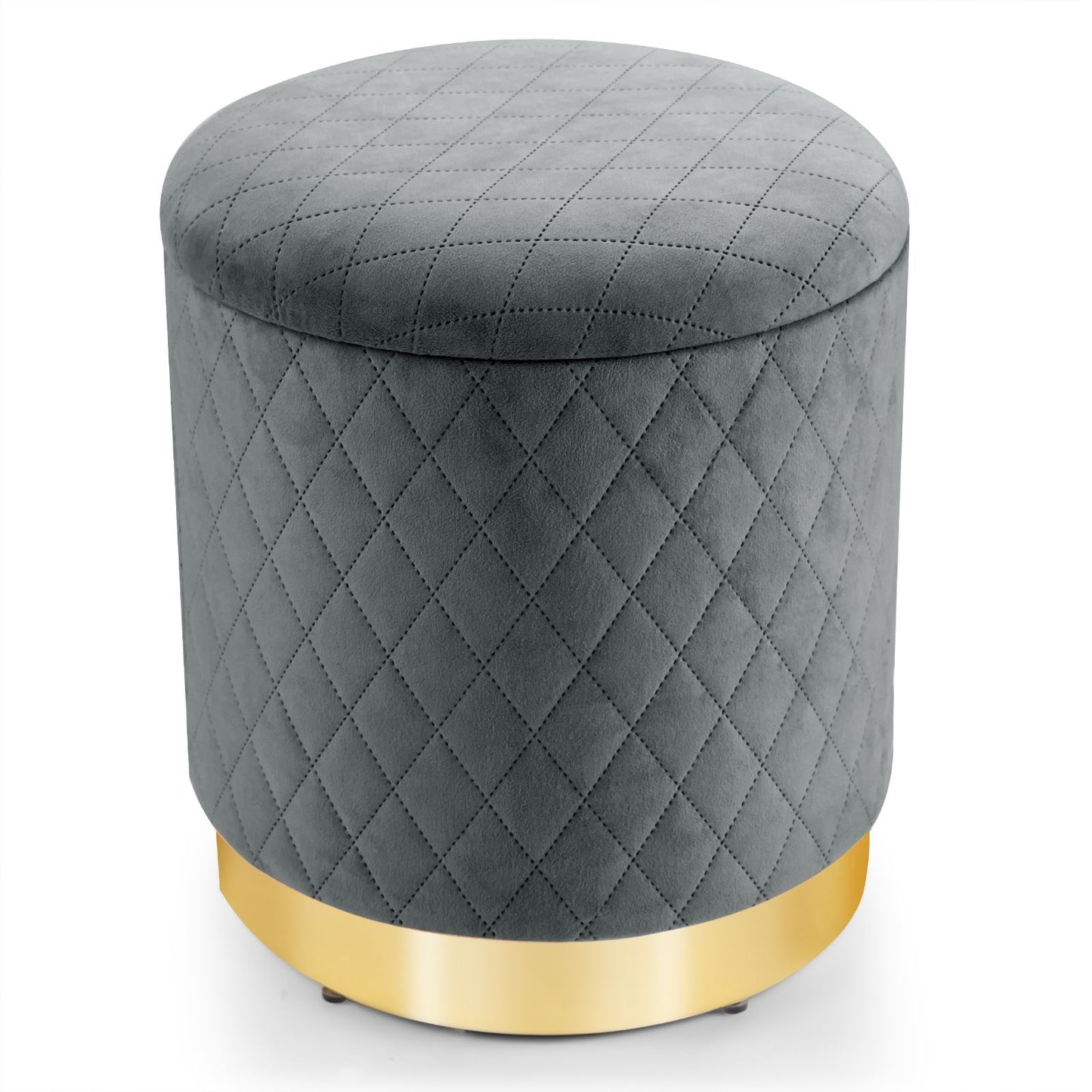 Pouf de Rangement Rond avec Base en métal Couvercle Détachable et Patins Anti-Rayurespour Salon Chambre Gris