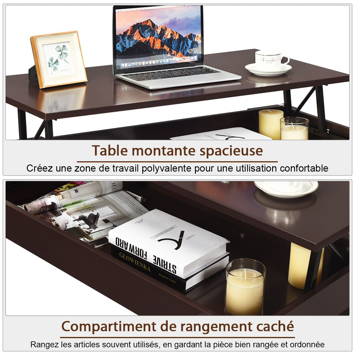 Table Basse avec Compartiment de Rangement Caché et Plateau de Table Surélevé pour Séjour Salle de Réception Marron