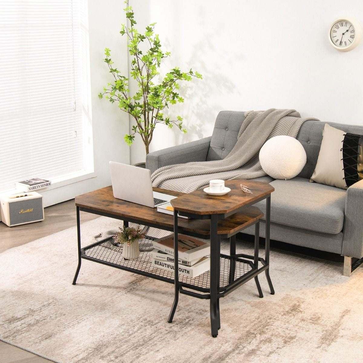 Table d'Appoint Étroite avec Grain de Bois Rustique et Structure en Acier Stable pour Salon Chambre et Salon