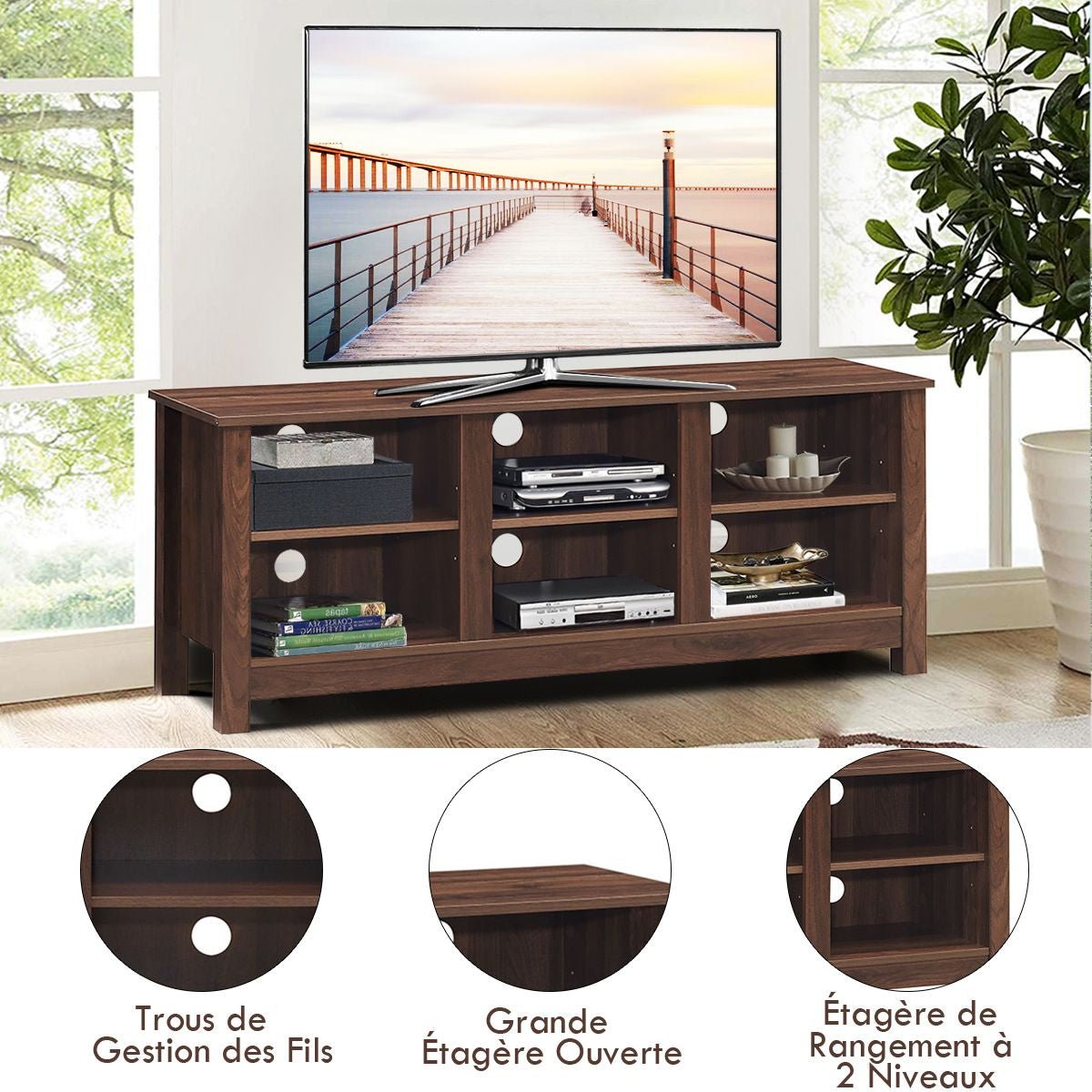 Meuble TV 135 x 39,5 x 54 cm avec 2 Etagères de Rangement Réglable Centre Multimédia Polyvalent pour Salon