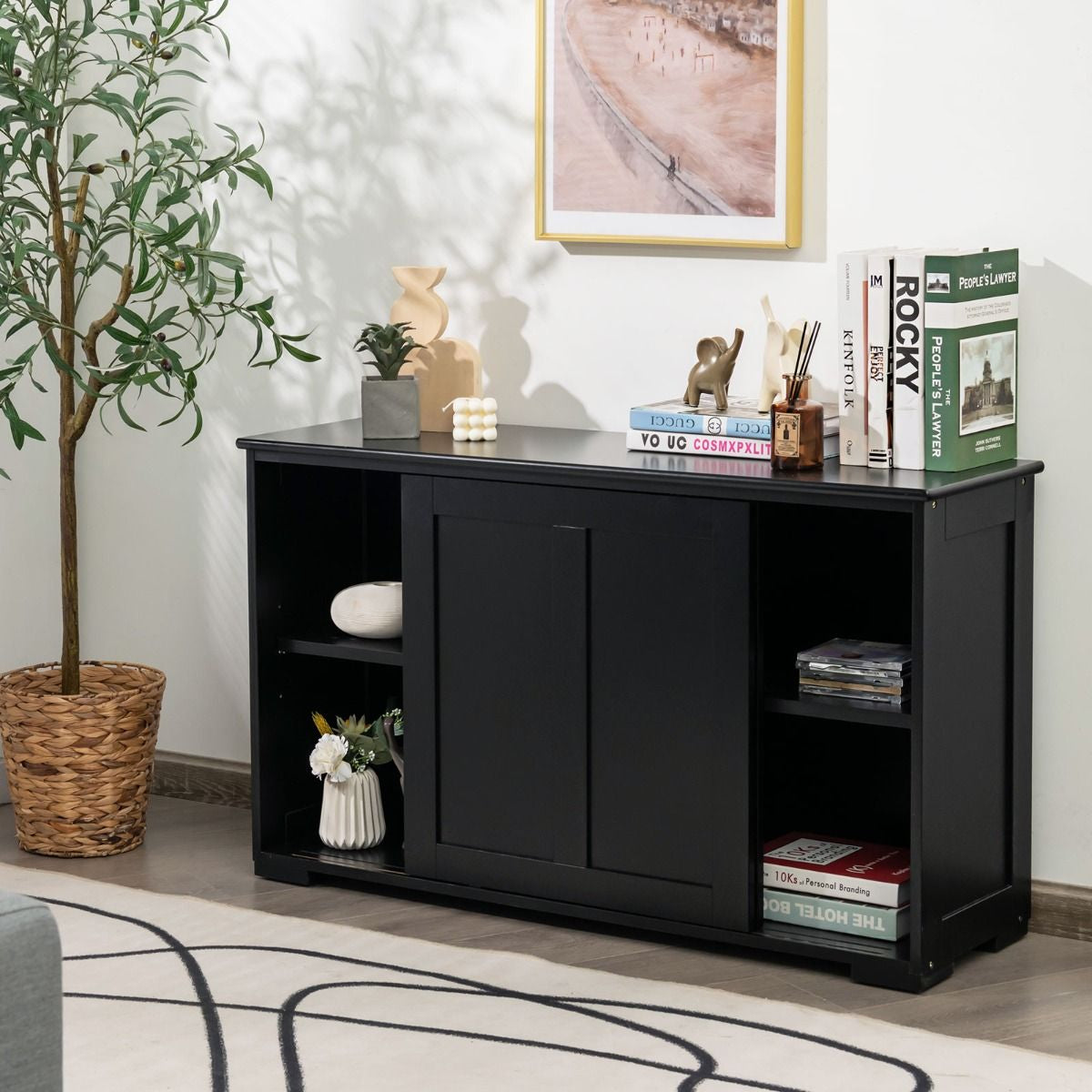 Buffet Armoire de Cuisine en MDF avec 2 Etagères de Rangement et 2 Portes Coulissantes Noir