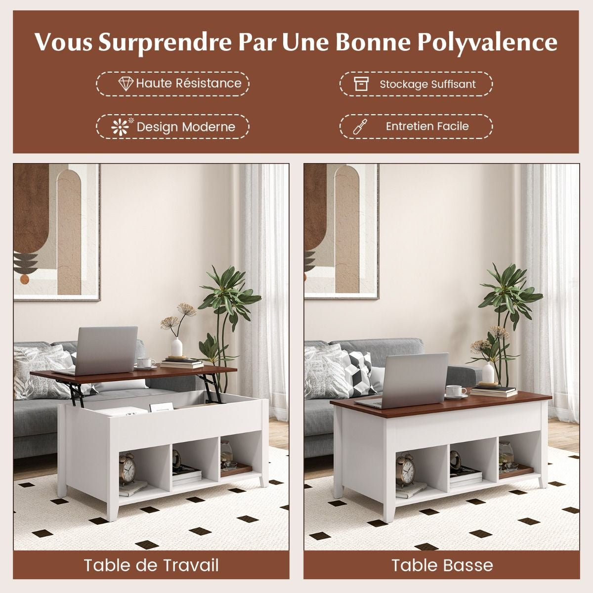 Table Basse avec Plateau Relevable 3 Compartiments Ouverts pour Rangement Polyvalents pour Salon Bureau  Blanc