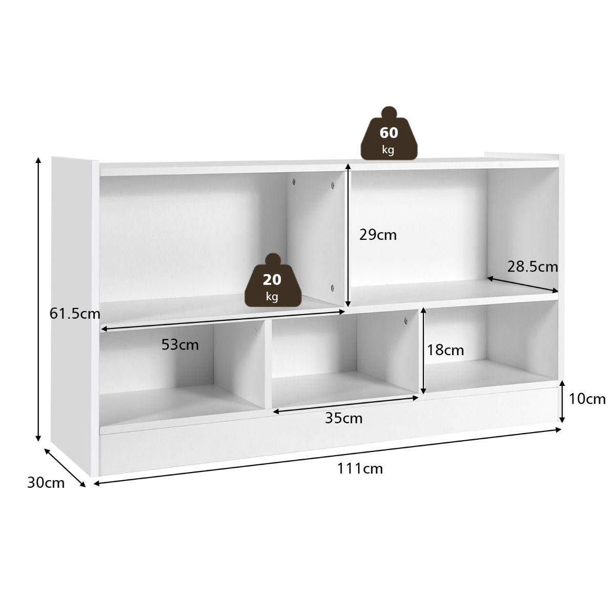 Bibliothèque pour Enfants 111x30x61,5 CM avec 5 Compartiments et Patins Antidérapants pour Jouets Livres Poupées Blanc