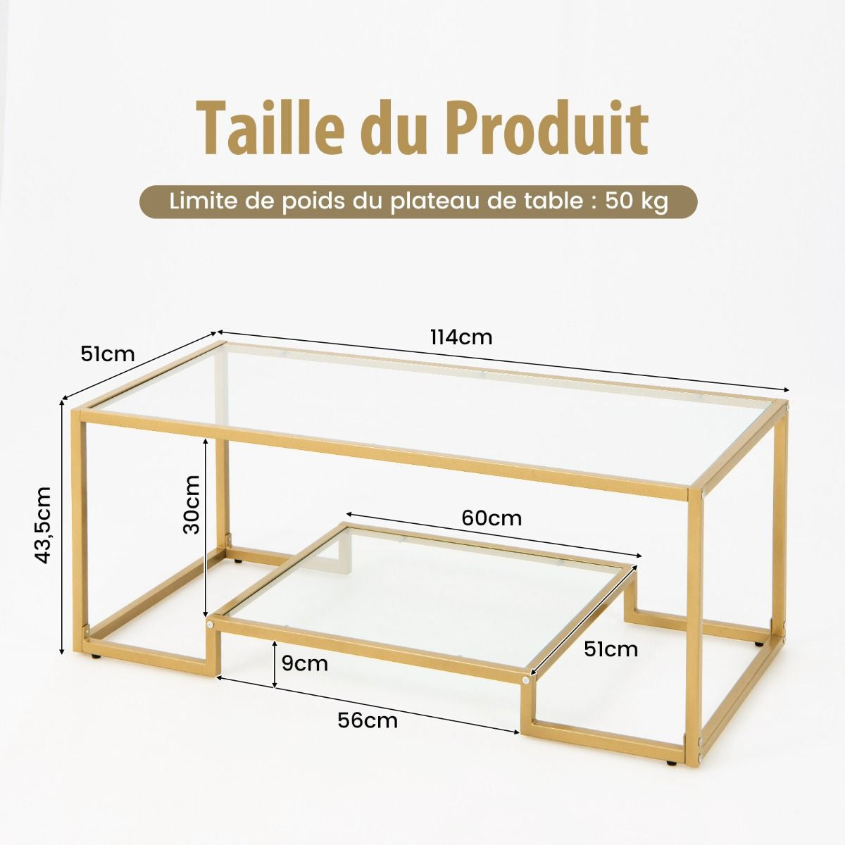 Table Basse en Verre Trempé avec Cadre en Métal Doré Table Salon Rectangulaire à 2 Niveaux avec Coussinets de Pied Réglables