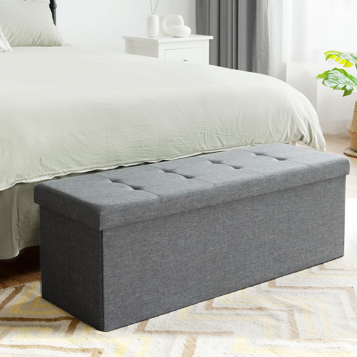 Banc de Rangement Rembourré Pliable avec Séparateur Volume 150L 110,5 x 38 x 38 cm pour Salon/Chambre/ Entrée Gris Clair