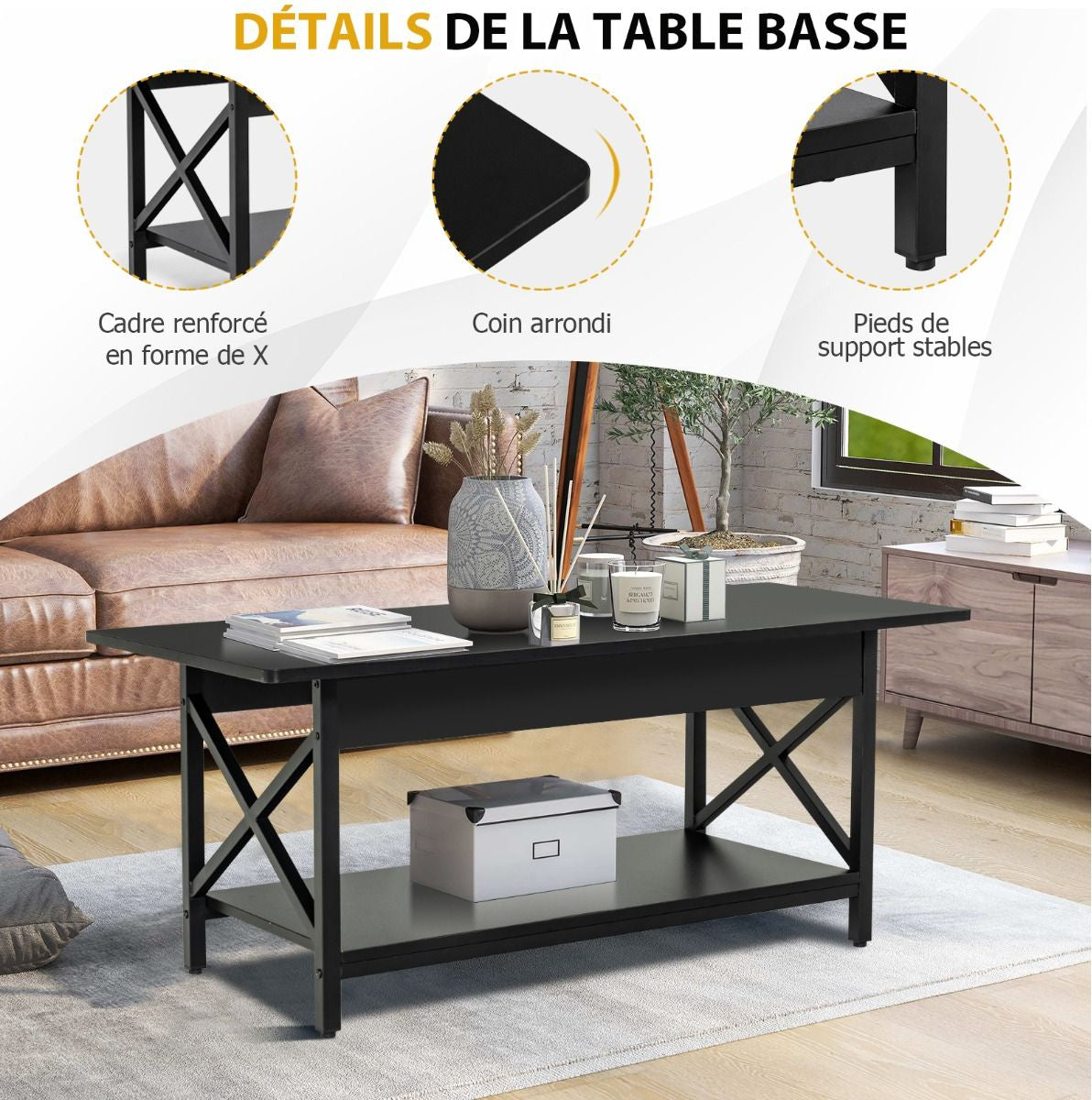 Table Basse 2 Niveaux avec Étagère Bois Cadre Métallique en Forme X Pieds Réglables Style Industrielle 110 x 60 x 48 cm Noir