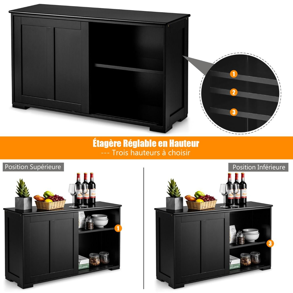 Buffet Armoire de Cuisine en MDF avec 2 Etagères de Rangement et 2 Portes Coulissantes Noir