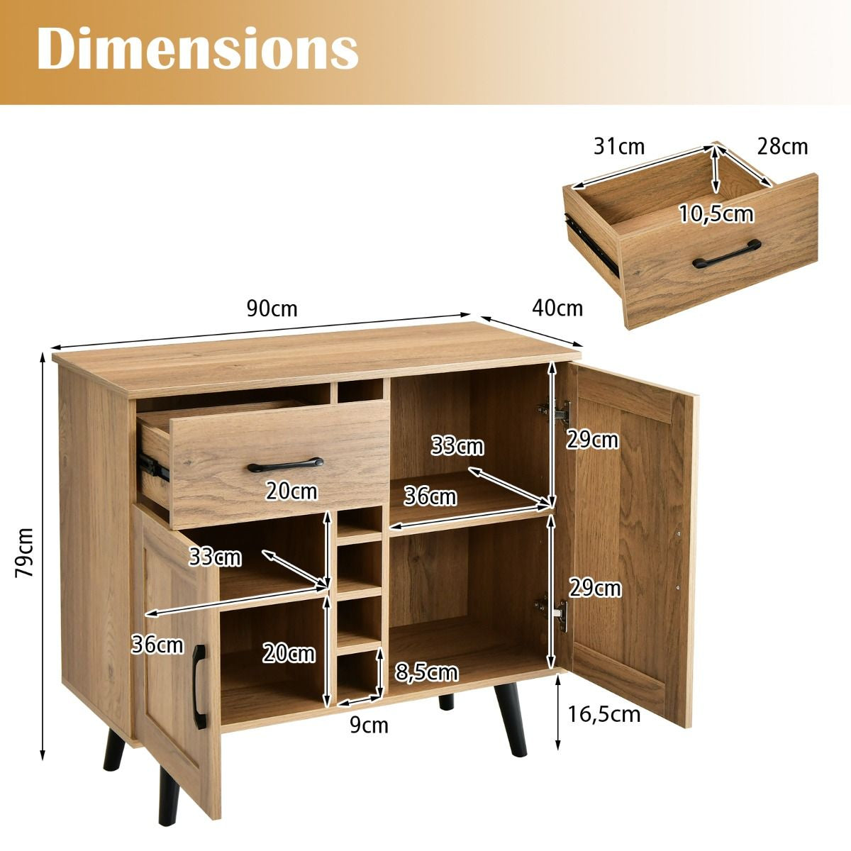 Buffet Cuisine Industriel à 2 Portes avec 6 Porte-Bouteilles Meuble de Rangement avec Tiroir Coulissante Cadre Métallique 90 x 40 x 79 cm