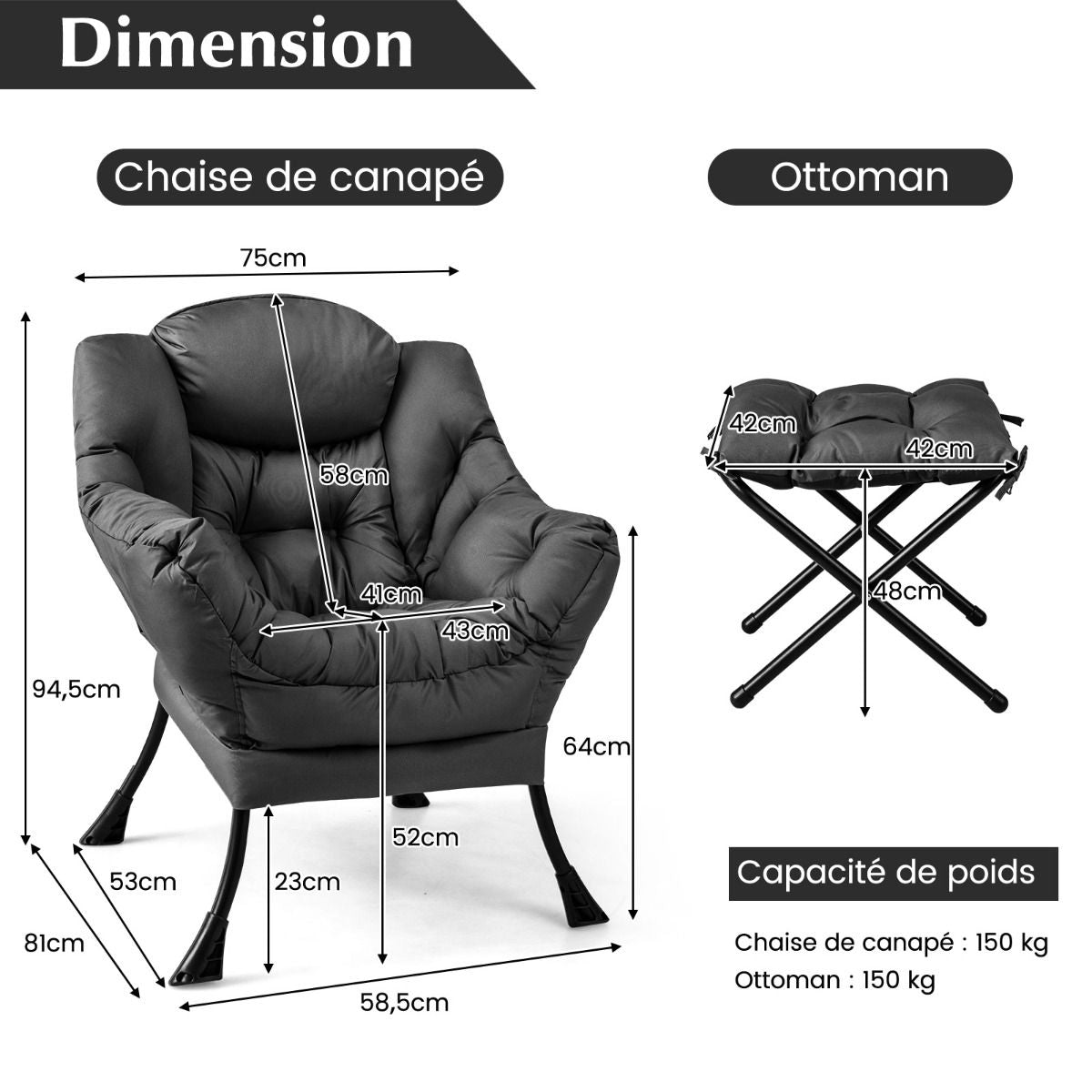 Fauteuil Paresseux avec Ottoman Fauteuil Moderne de Loisirs pour la Lecture avec Oreiller Accoudoirs Poche Latérale et Repose-pieds pour Salon Chambre Bureau Gris