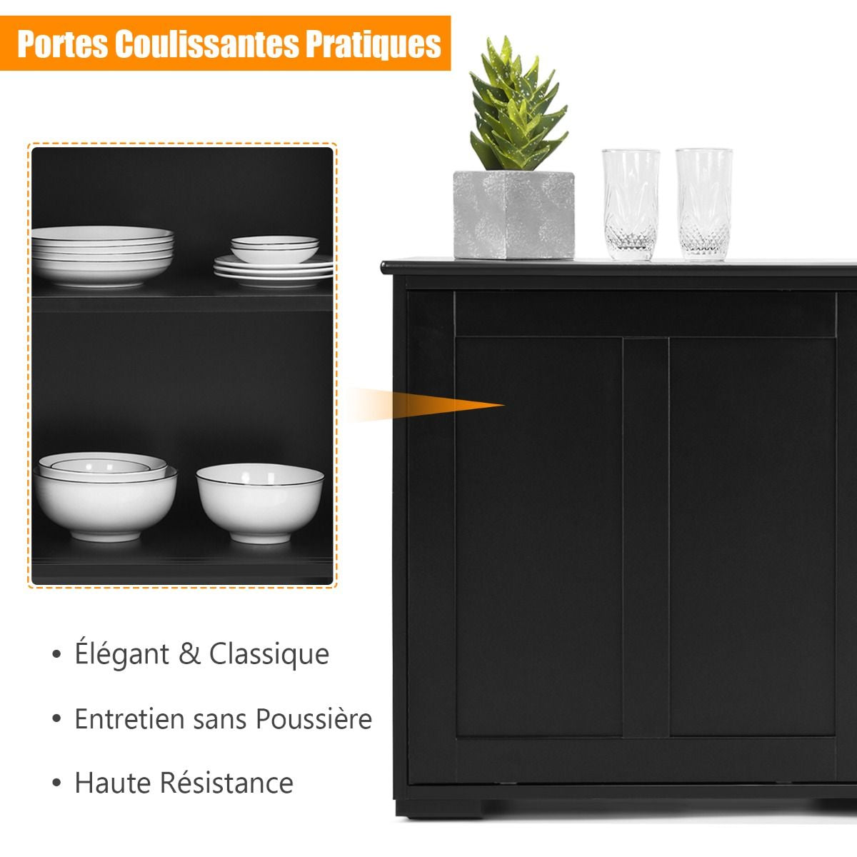 Buffet Armoire de Cuisine en MDF avec 2 Etagères de Rangement et 2 Portes Coulissantes Noir