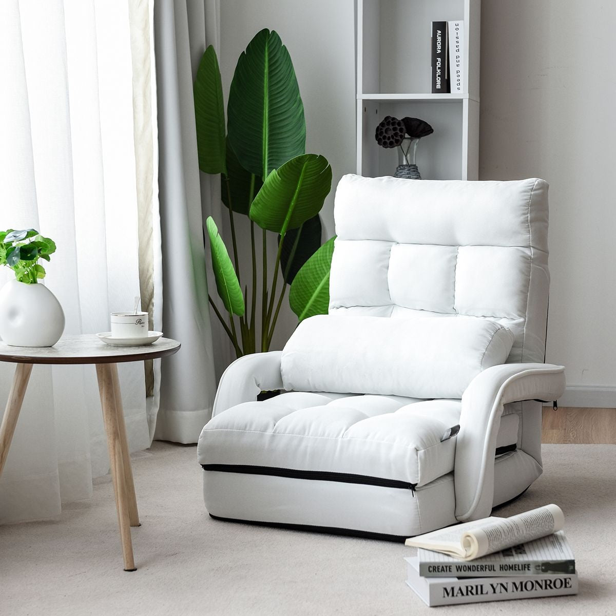 Fauteuil Convertible Chauffeuse Convertible 1 Place en Tissu avec Oreiller 5 Positions Blanc