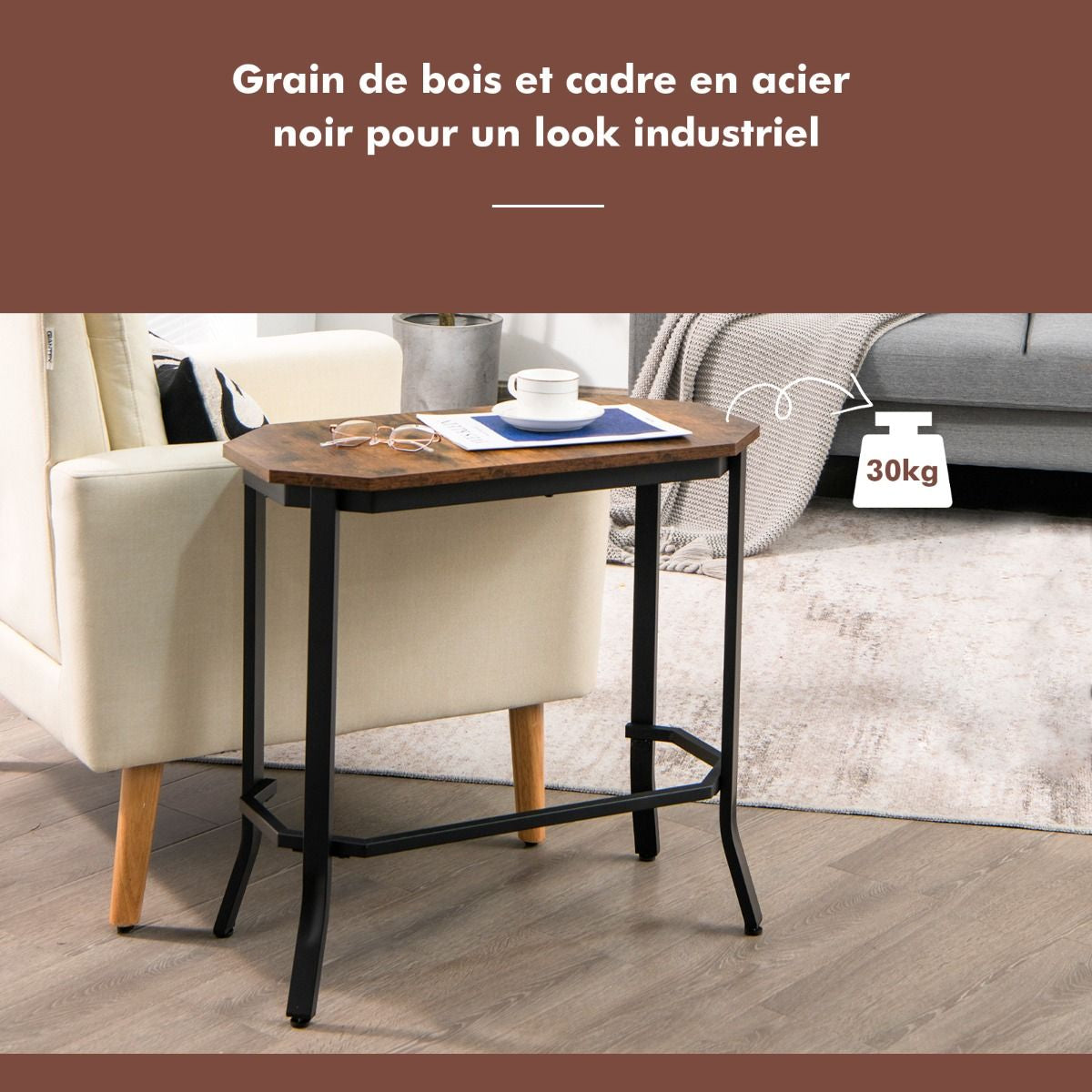 Table d'Appoint Étroite avec Grain de Bois Rustique et Structure en Acier Stable pour Salon Chambre et Salon