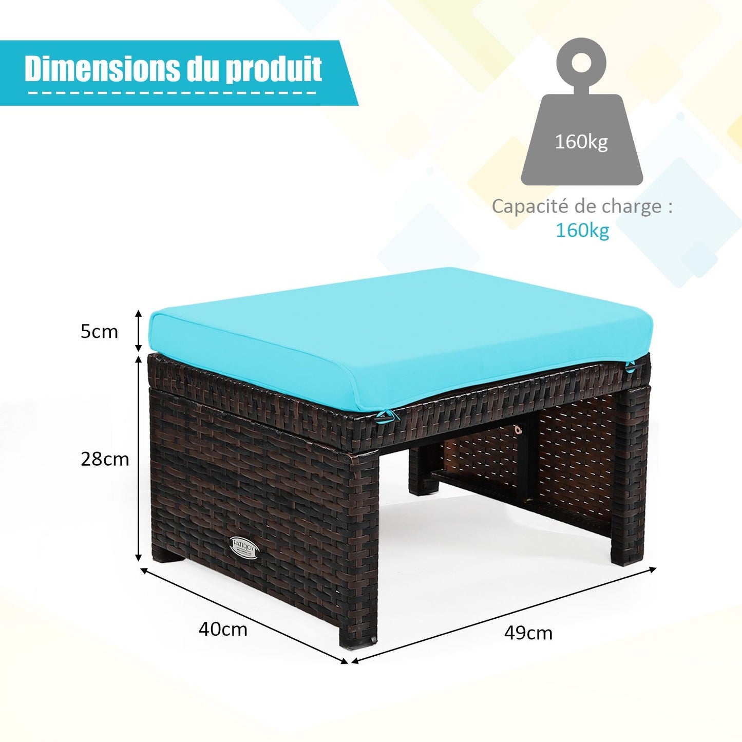 2 Tabouret de Jardin Résine Tressée en Rotin PE avec Coussin Souple en Éponge pour Terrasse et Piscine 49 x 40 x 33 CM Bleu