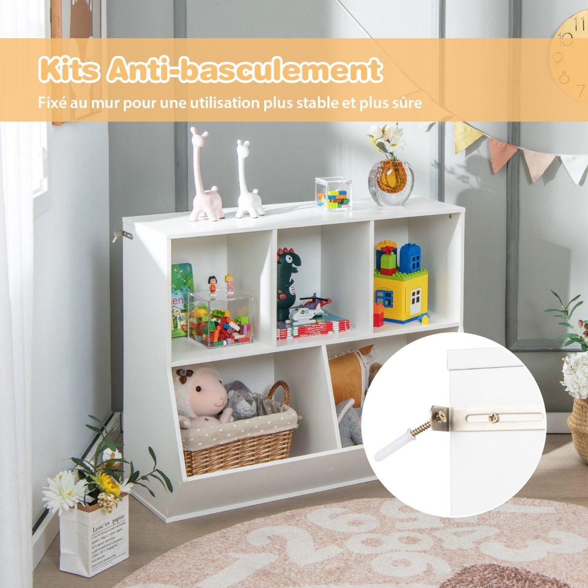 Bibliothèque pour Enfants à 9 Casiers, Étagère de Rangement Jouets pour Enfants avec Kits Anti-Basculement Étagère à Livres Enfants 90 x 40 x 76 cm Blanc