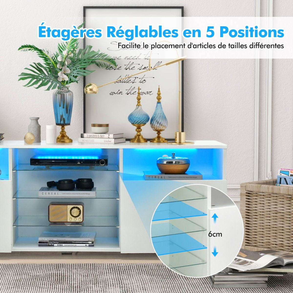 Meuble TV avec Éclairage LED 20 Couleurs Banc TV avec 2 Placards 2 Compartiments et Étagères Vitrées Meuble pour TV 60"