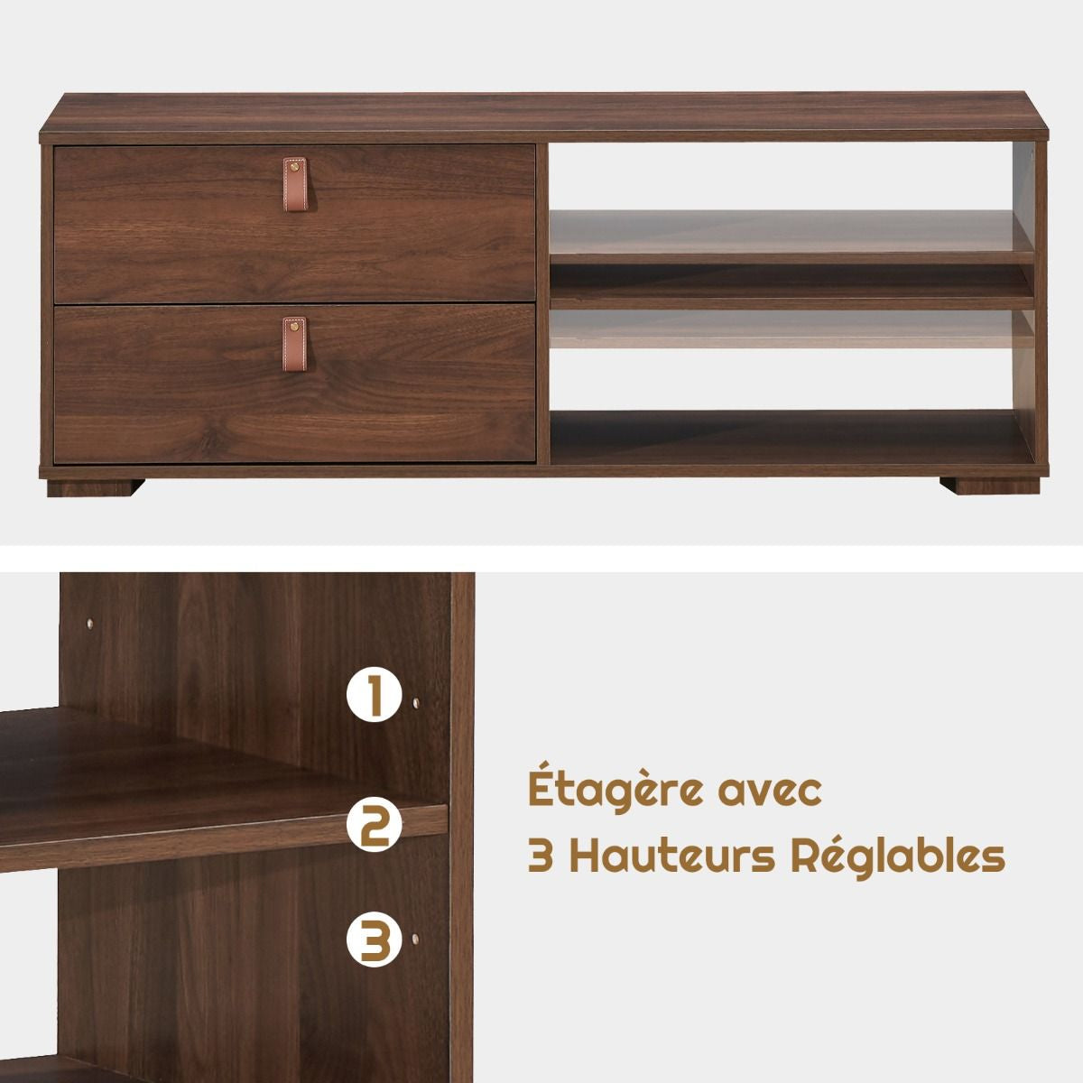 Meuble TV en Bois avec 2 Tiroirs Étagère Réglable Style Industriel 120,5 x 39 x 42 cm pour Salon Chambre Marron Rustique