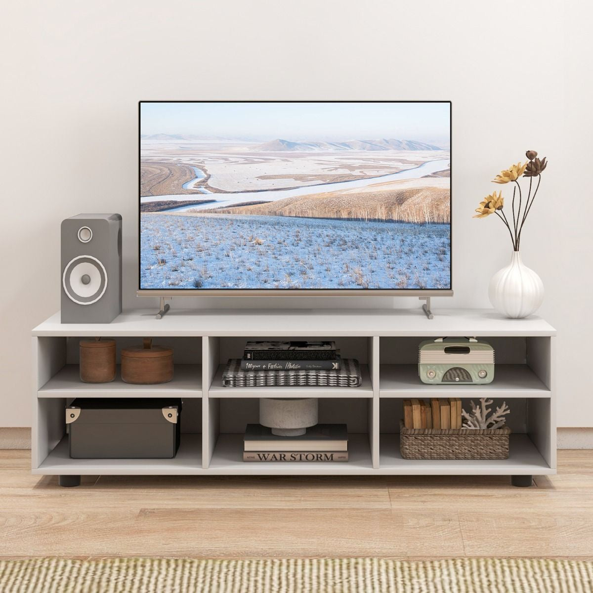 Meuble TV à 3 Niveaux avec 6 Compartiment Banc TV pour TV Jusqu'à 55 Pouces pour Salon Chambre 115 x 39 x 34,5cm Blanc