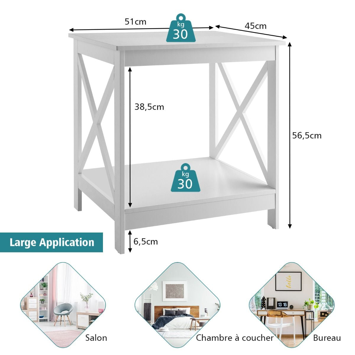 Table d'Appoint à 2 Niveaux de Style Moderne 51 x 45 x 56,5cm (L x l x H) Cadre Stable en Forme de X Blanc