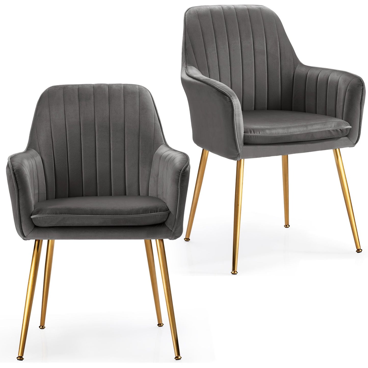 Lot de 2 Chaises Scandinaves en Velours avec Accoudoir et Pieds en Métal pour Salon Chambre Gris