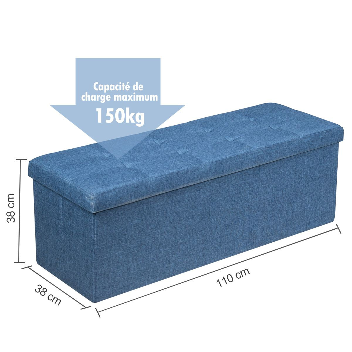 Banc de Rangement Rembourré Pliable avec Séparateur Volume 150L 110,5 x 38 x 38 cm pour Salon/Chambre/ Entrée Bleu