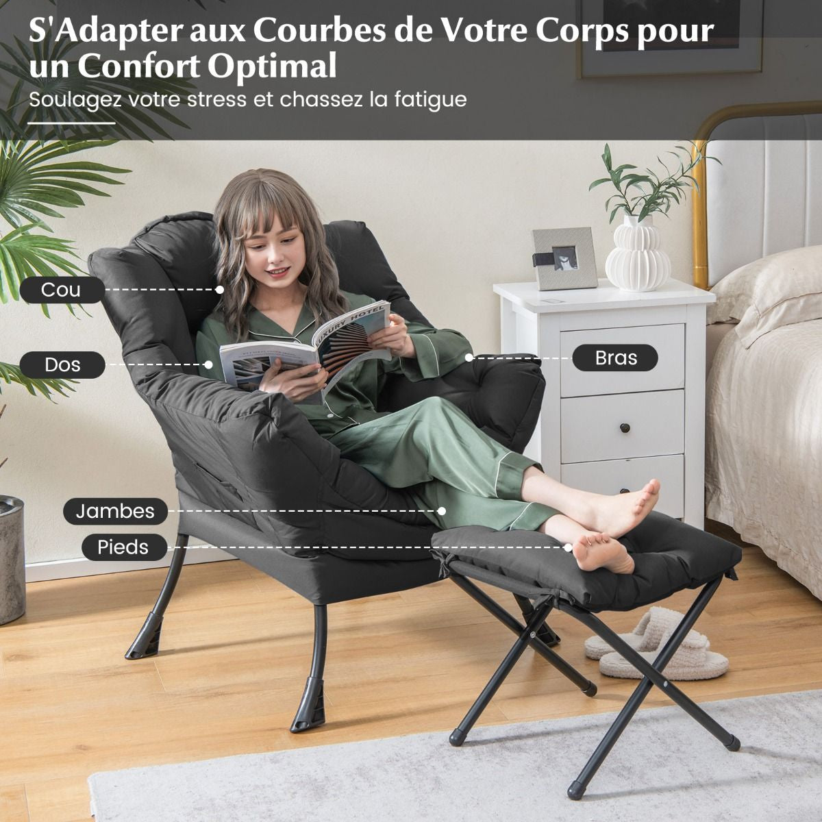 Fauteuil Paresseux avec Ottoman Fauteuil Moderne de Loisirs pour la Lecture avec Oreiller Accoudoirs Poche Latérale et Repose-pieds pour Salon Chambre Bureau Gris