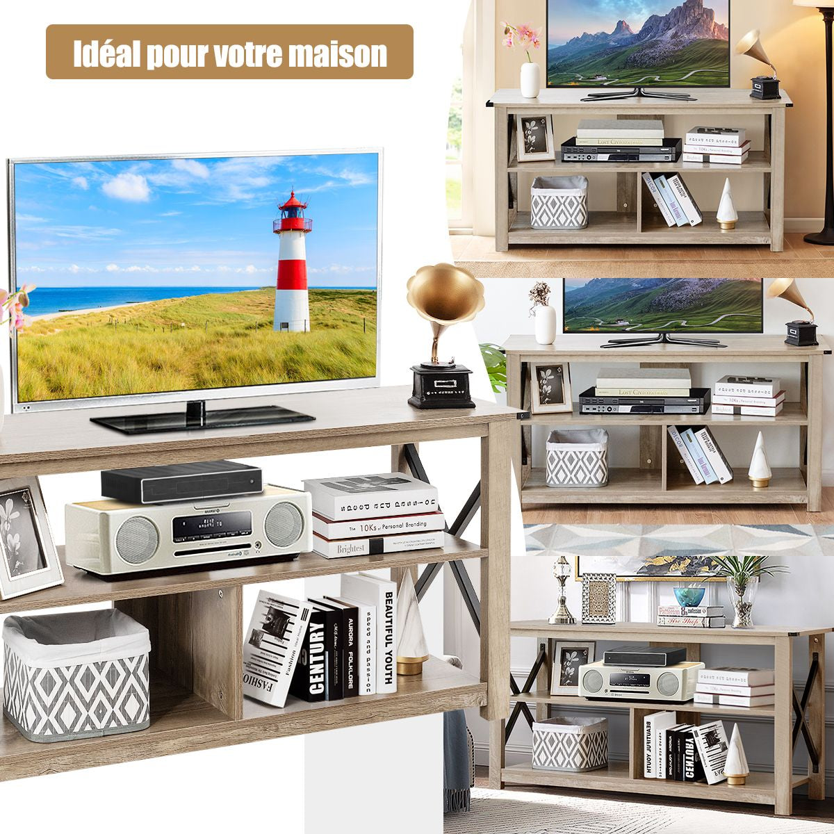 Meuble TV avec 3 Niveaux et Etagères Ouvertes 120 CM de Style Industriel pour Salon Chambre