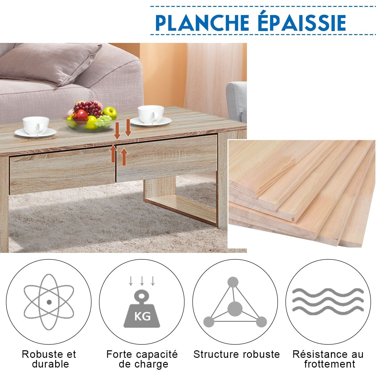 Table Basse en MDF Couleur de Chêne avec 2 Grands Tiroirs et 2 Tablettes Latérales