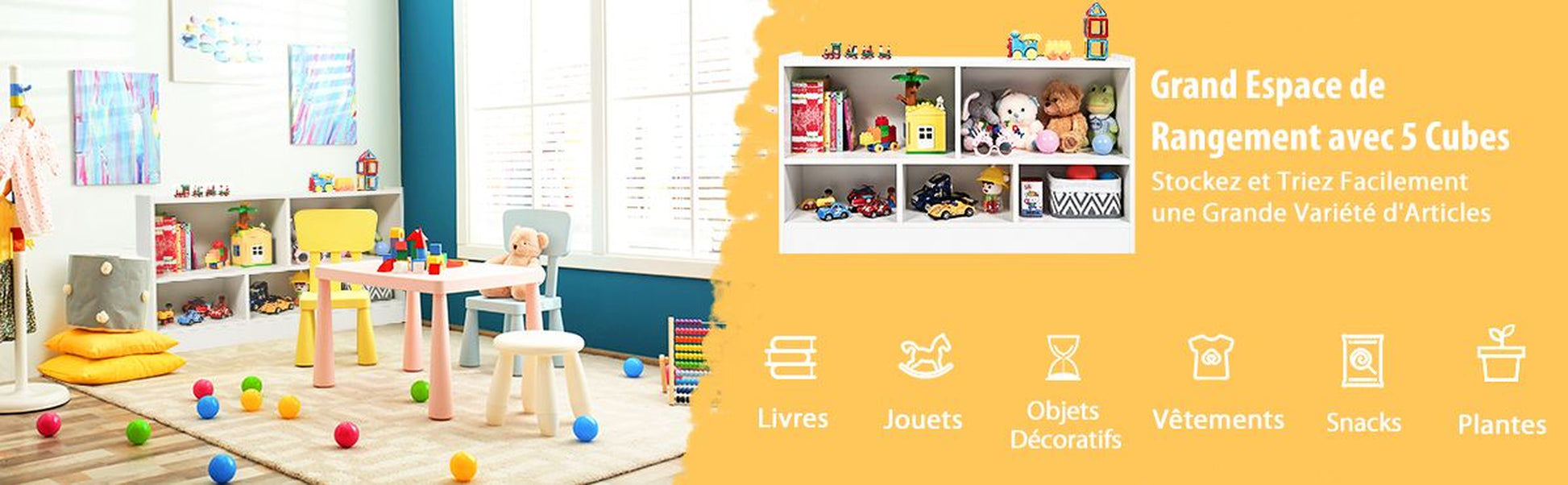 Bibliothèque pour Enfants 111x30x61,5 CM avec 5 Compartiments et Patins Antidérapants pour Jouets Livres Poupées Blanc