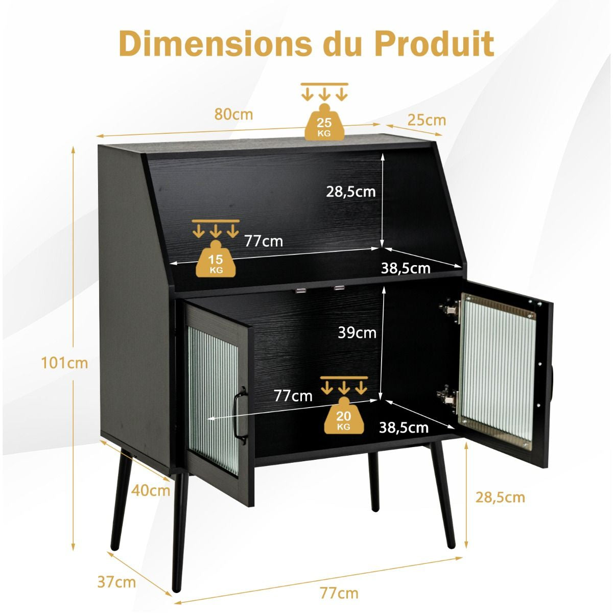 Meuble de Rangement Style Industriel 80x40x101cm Buffet avec 2 Portes et Placard pour Salon Bureau Cuisine Noir