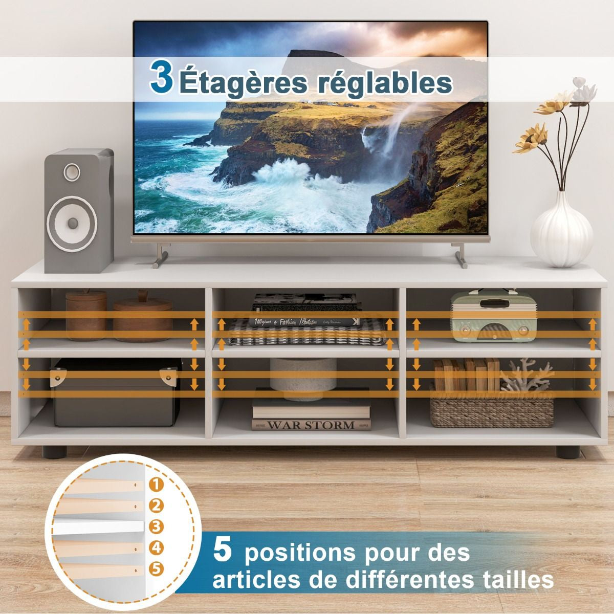 Meuble TV à 3 Niveaux avec 6 Compartiment Banc TV pour TV Jusqu'à 55 Pouces pour Salon Chambre 115 x 39 x 34,5cm Blanc