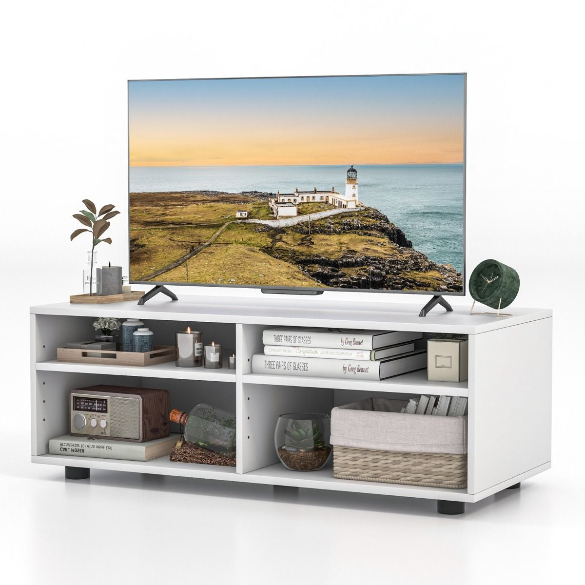 Meuble TV avec Rangement Table Console TV 4 Cubes avec étagères réglables Centre de Divertissement Média pour TV jusqu'à 101 cm Blanc