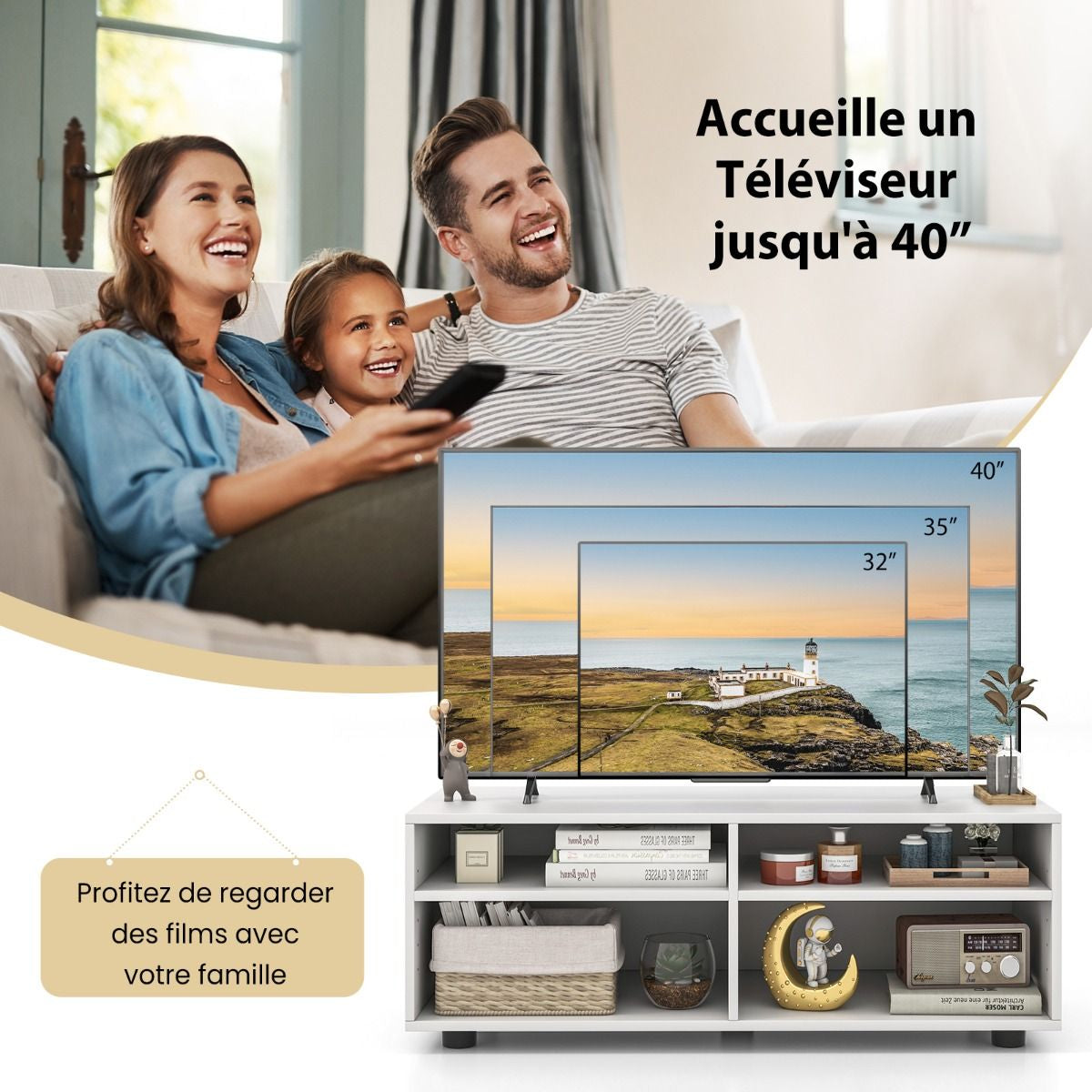 Meuble TV avec Rangement Table Console TV 4 Cubes avec étagères réglables Centre de Divertissement Média pour TV jusqu'à 101 cm Blanc