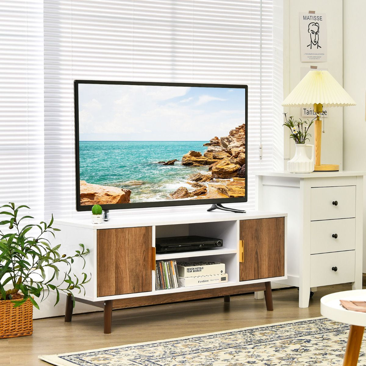 Meuble TV 2 Portes Banc TV 109 x 38 x 45,7 CM pour TV Jusqu'à 50 Pouce avec 2 Trous de Gestion des Câbles