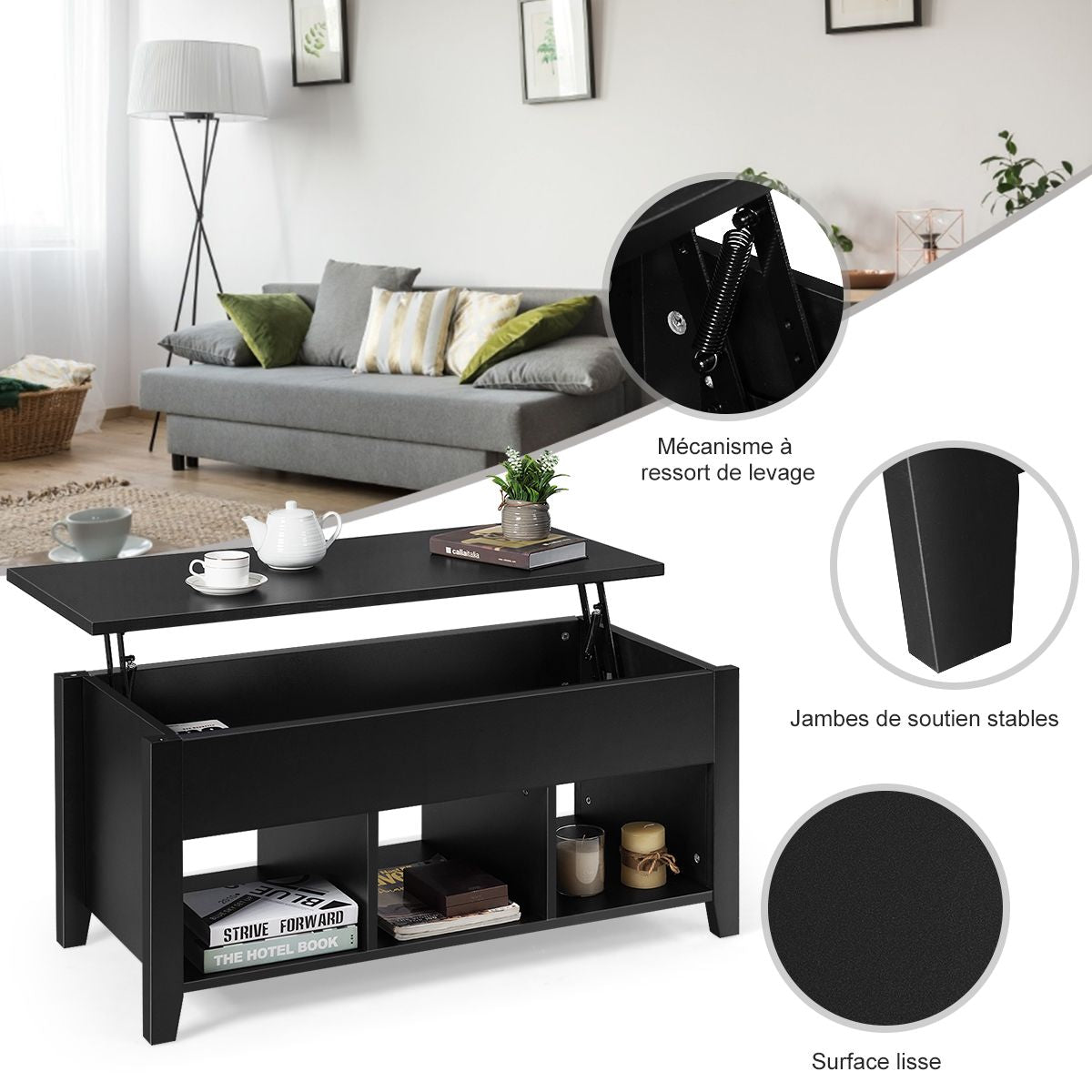 Table Basse avec Plateau Relevable Noir 104,5 x 49,5 x 48,5 CM avec Trois Compartiments pour Rangement Design Contemporain