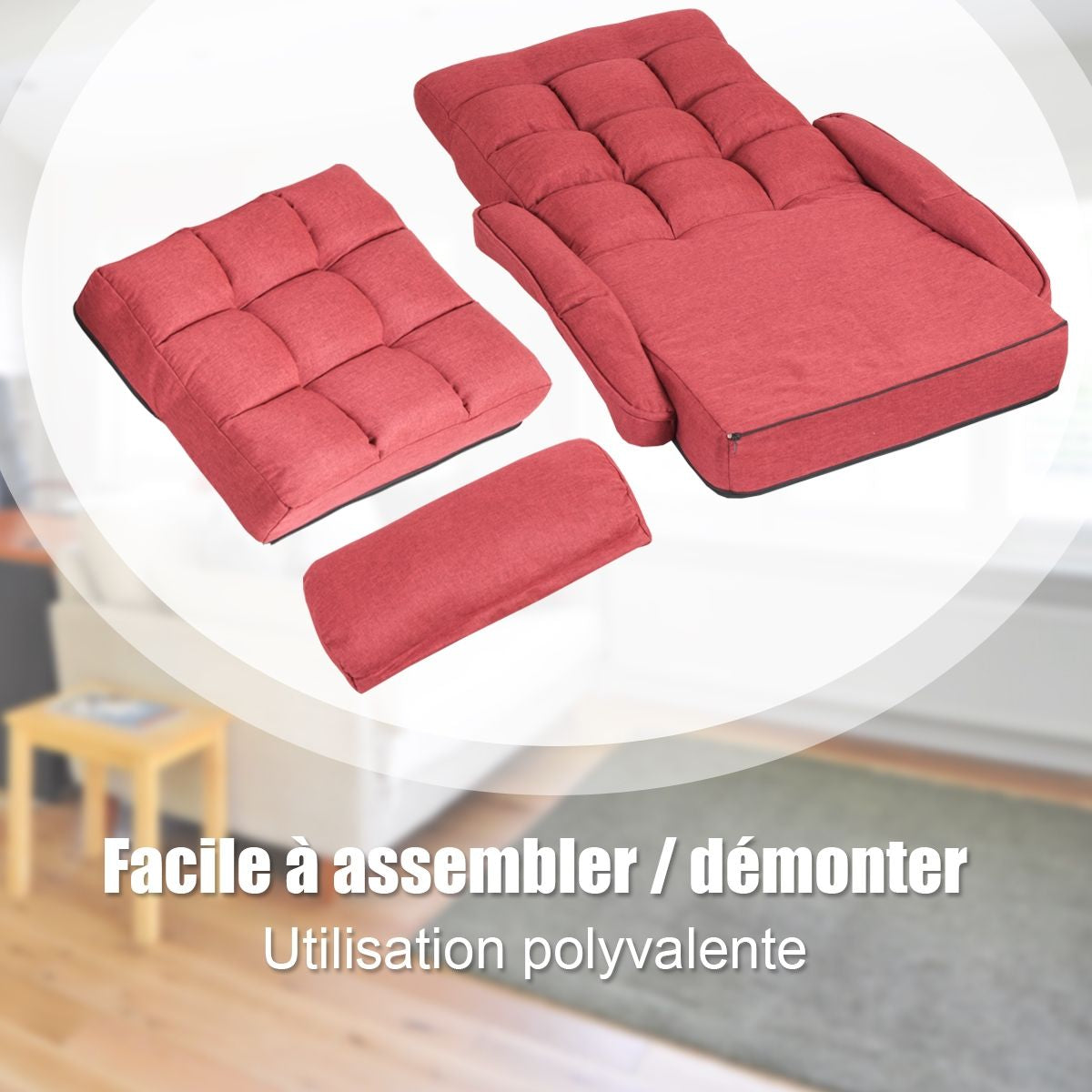 Fauteuil Convertible Chauffeuse Convertible 1 Place en Tissu avec Oreiller 5 Positions Rouge