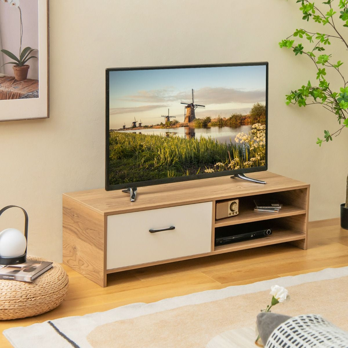 Meuble TV avec Tiroir et 2 Compartiments pour TV 55" au Max Banc TV en Bois 120 x 42 x 35cm