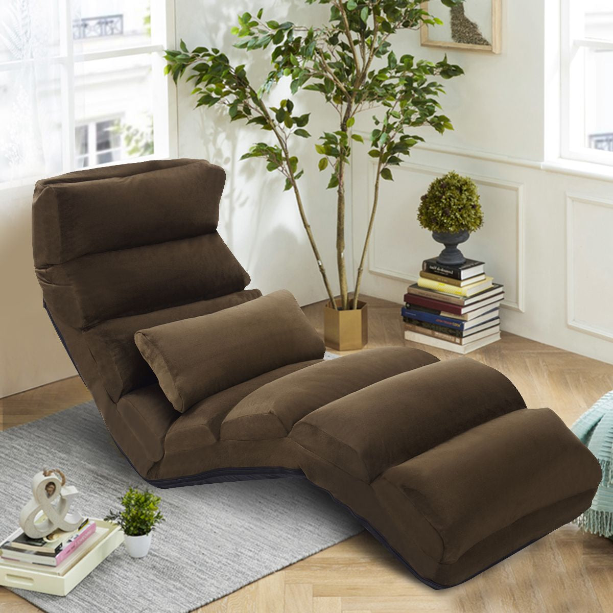 Fauteuil Relax Pliable Réglable sur 5 Positions en Faux Daim Chaise de Sol pour Salon Mobilier de Bureau Chambre Marron