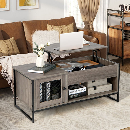 Table Basse avec Plateau Élévateur Pneumatique Compartiments Ouverts et 2 Casiers Conception à 2 Porte 104 x 52,5 x 58 cm