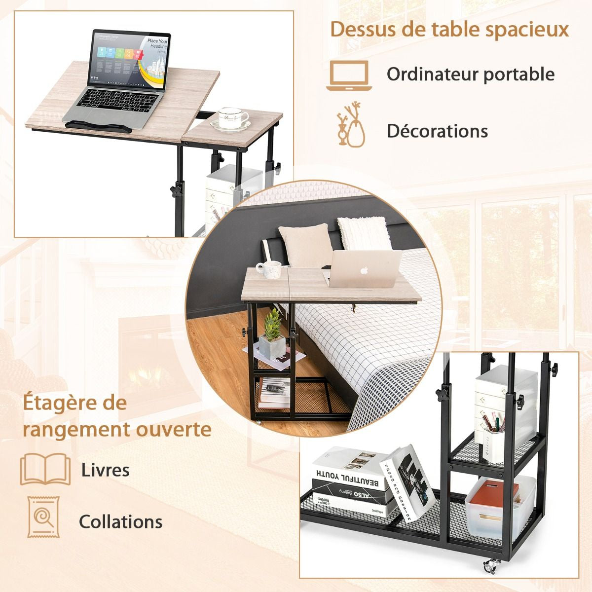 Table d’Appoint Plateau Inclinable à 5 Positions Roulettes Verrouillables Cadre en Acier Style Industriel Brun