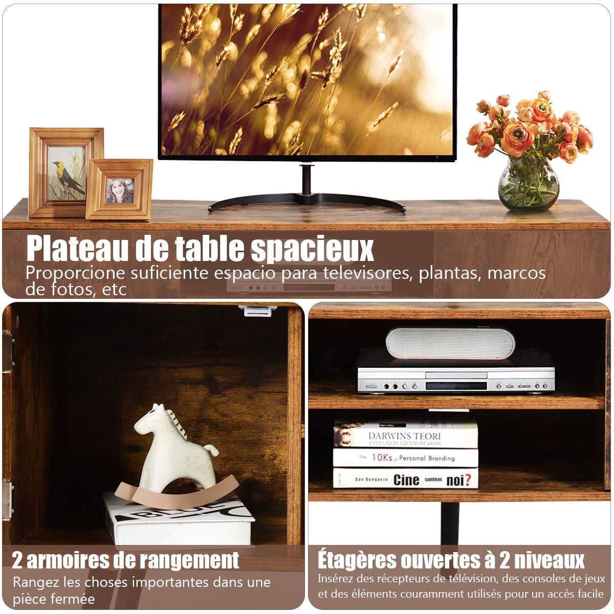 Meuble TV Style Industriel 120 x 40 x 50,5 CM avec 2 Portes et 2 Étagères Marron Rustique