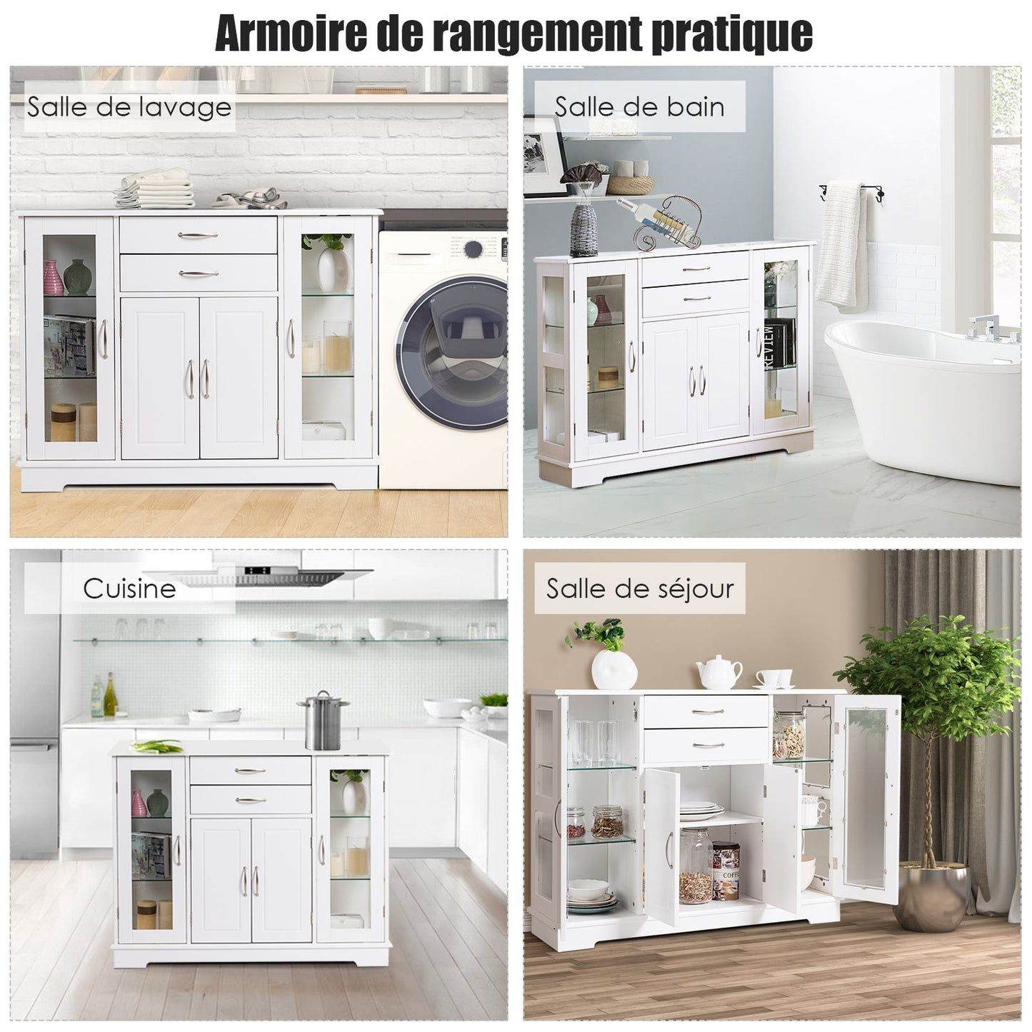 Buffet de Cuisine Meuble de Rangement 107 x 30 x 82 CM  Armoire pour Cuisine et Salon Blanc