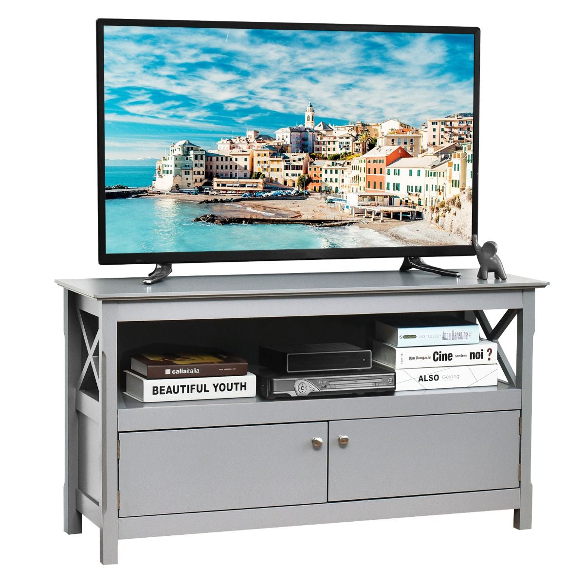 Meuble TV à 3 Niveaux avec Compartiment et Placard 2 Portes pour TV Jusqu'à 48 Pouces 112x40x61CM Charge Max 80KG Gris