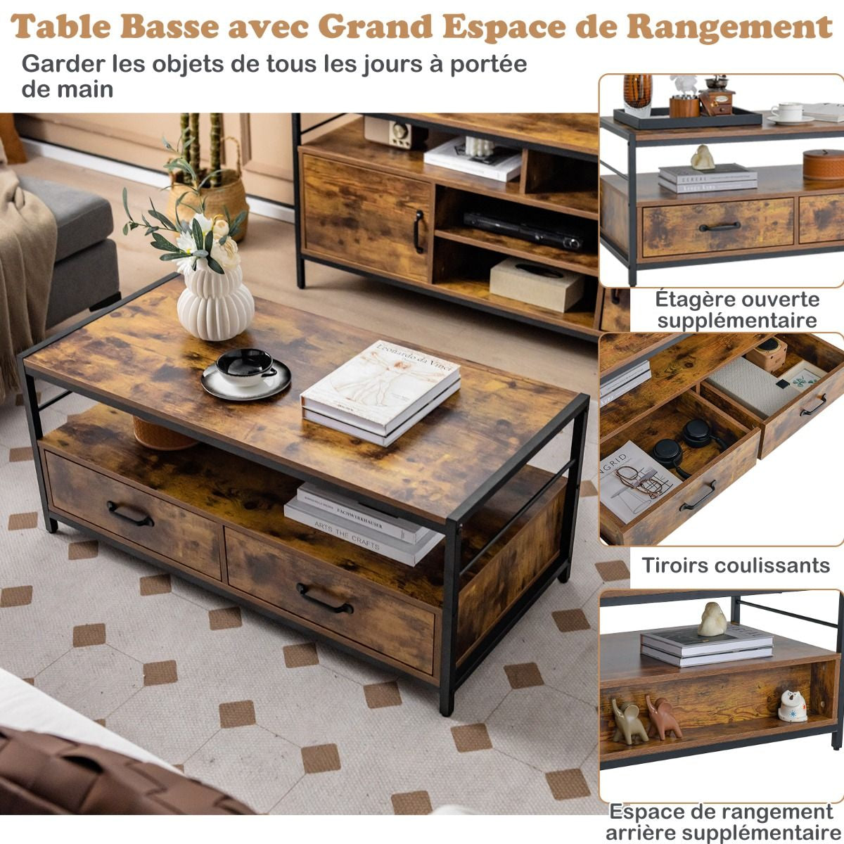 Table Basse Salon Table Basse Industrielle 2 Tiroirs et 2 Étagères Cadre en Métal Banc TV pour Télé 45 ″ au Max 105 x 50 x 45 cm