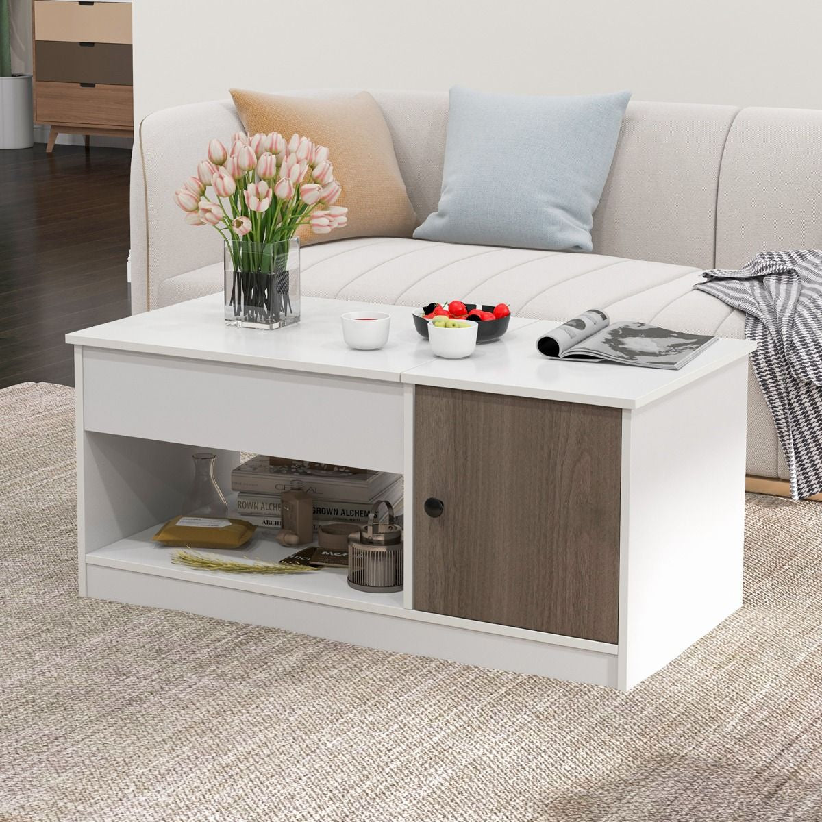 Table Basse avec Plateau Relevable avec Levage Pneumatique, Table de Salon avec 3 Compartiments ouverts et Placard à Porte