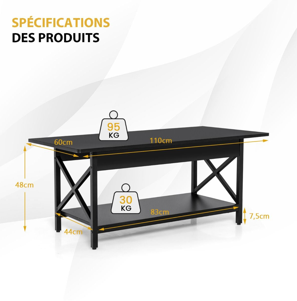 Table Basse 2 Niveaux avec Étagère Bois Cadre Métallique en Forme X Pieds Réglables Style Industrielle 110 x 60 x 48 cm Noir