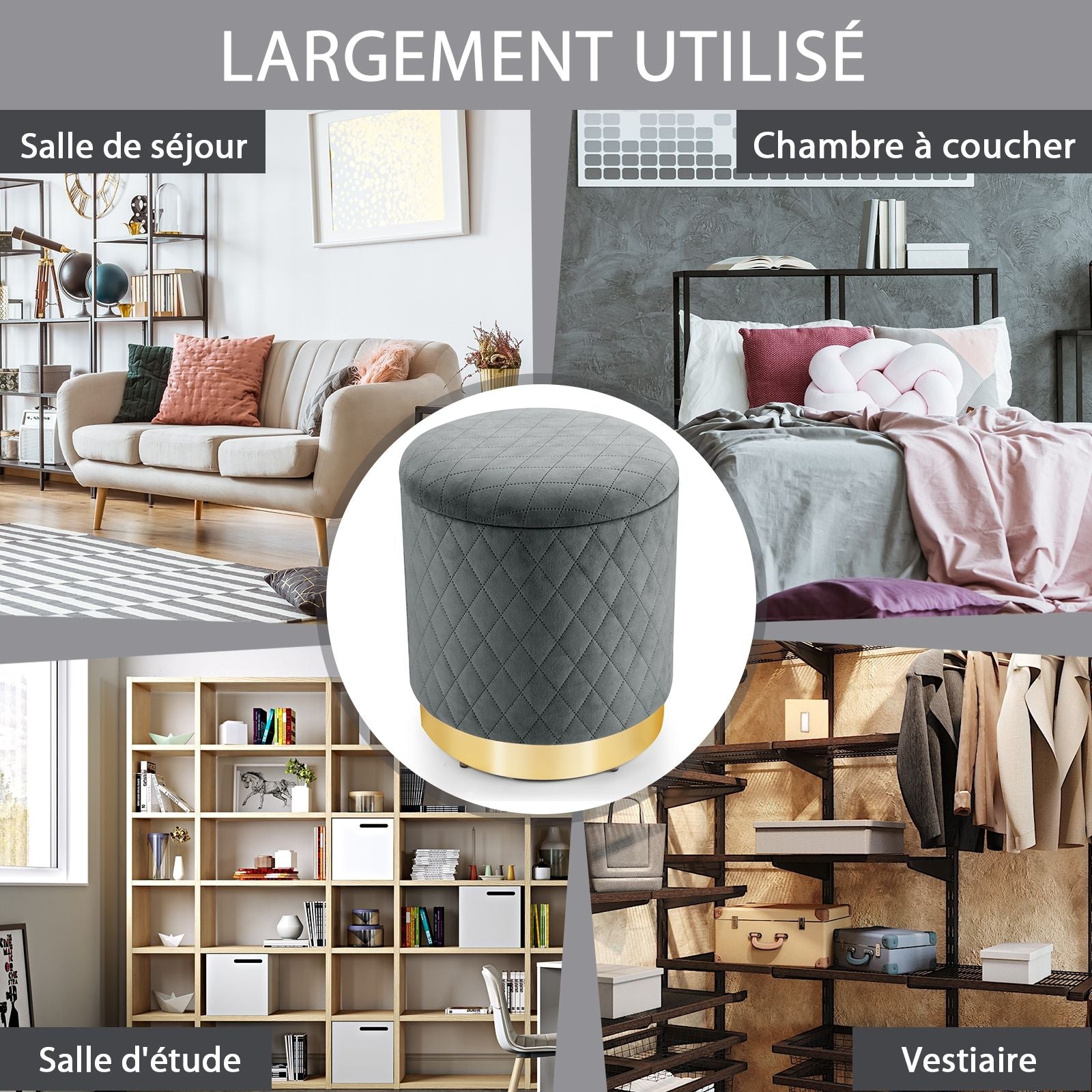 Pouf de Rangement Rond avec Base en métal Couvercle Détachable et Patins Anti-Rayurespour Salon Chambre Gris