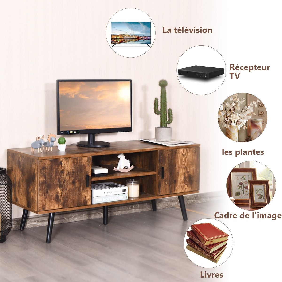 Meuble TV Style Industriel 120 x 40 x 50,5 CM avec 2 Portes et 2 Étagères Marron Rustique