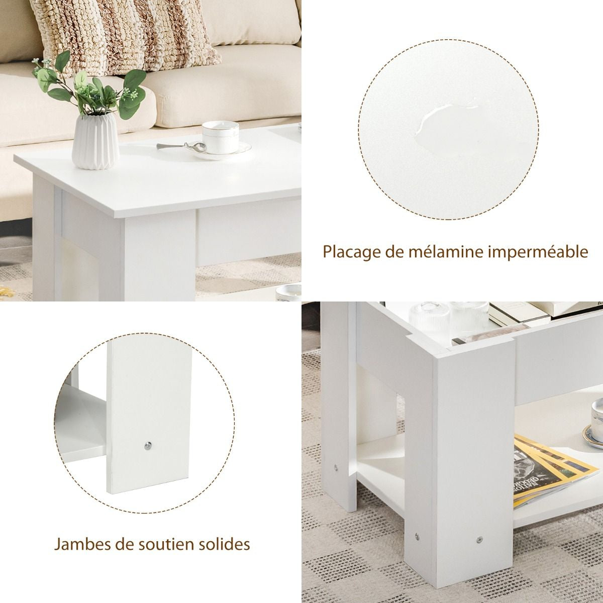 Table Basse avec Plateau Relavable et 1 Etagère pour Rangement Style Moderne 98 x 51 x 42 CM Blanc