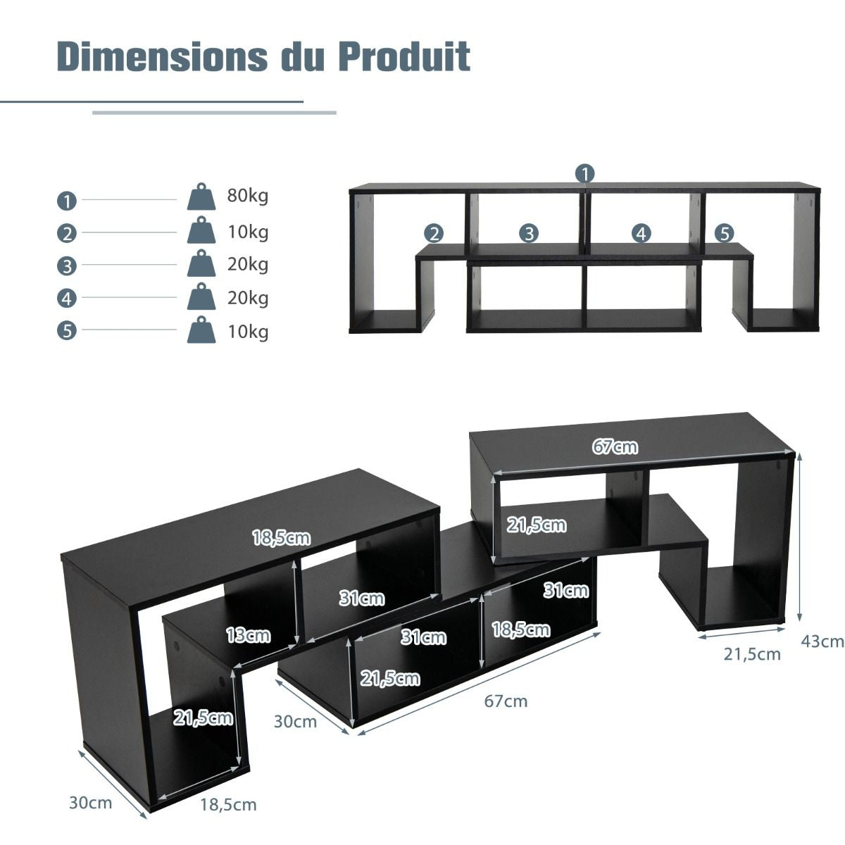 Meuble TV 3 Pièces 139x30x43cm Combination Libre pour Télévision Jusqu’à  49 Pouces pour Salon Chambre Bureau en MDF Noir