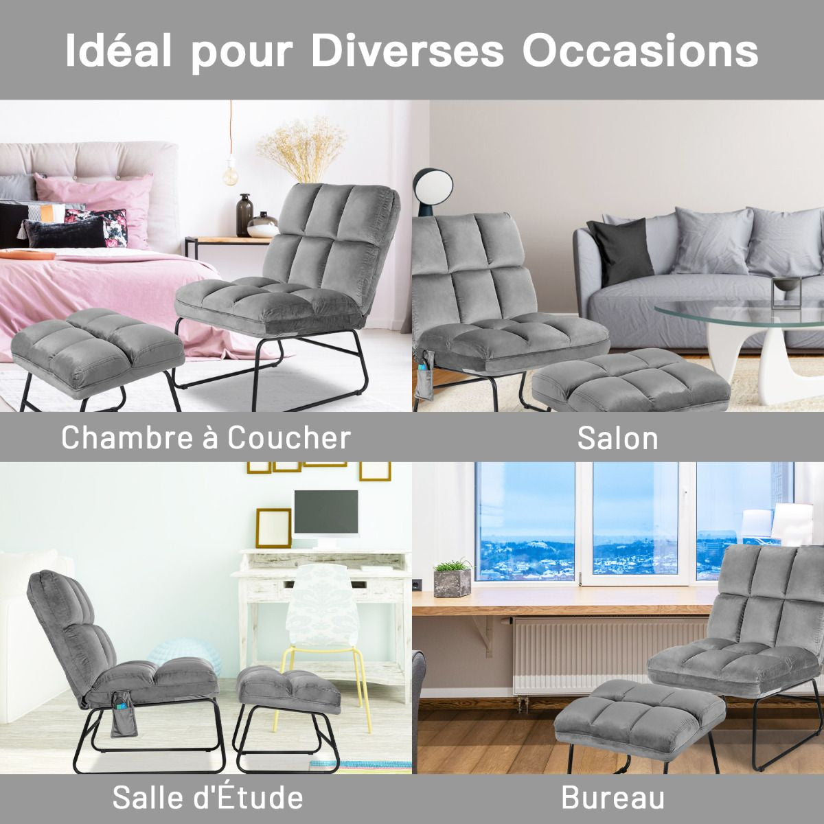 Fauteuil Relax 5 Modes de Massage en 4 Points sur Dos et Lombaire 2 Niveaux de Vibration en Velours Gris